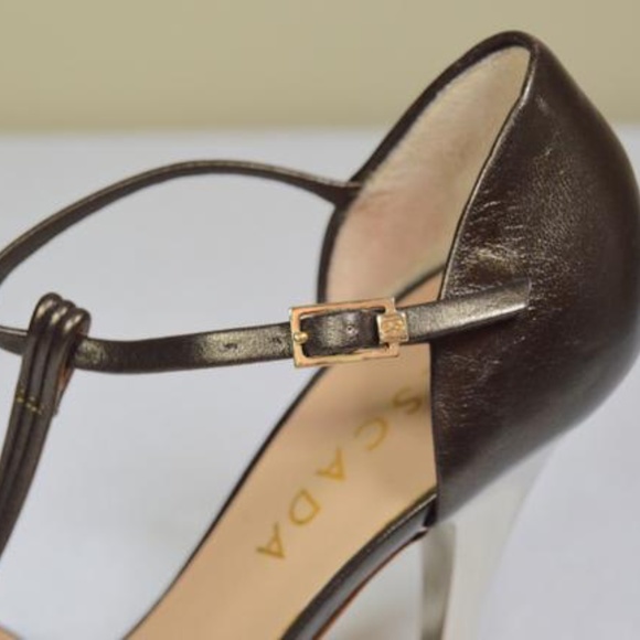 👠 Escada Pewter Metallic Mirrored Heel T-Strap Sandalsl  🇮🇹 - Picture 5 of 13